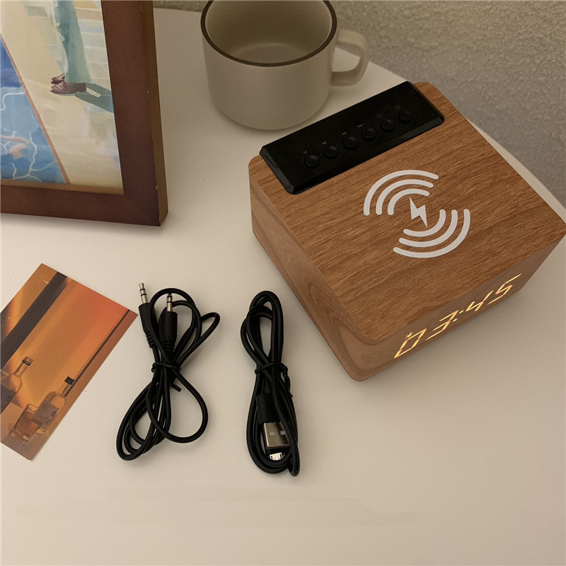 Wooden Bluetooth Speaker, Large Digital Clock, Wireless Charging For Phones