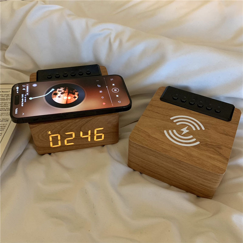 Wooden Bluetooth Speaker, Large Digital Clock, Wireless Charging For Phones
