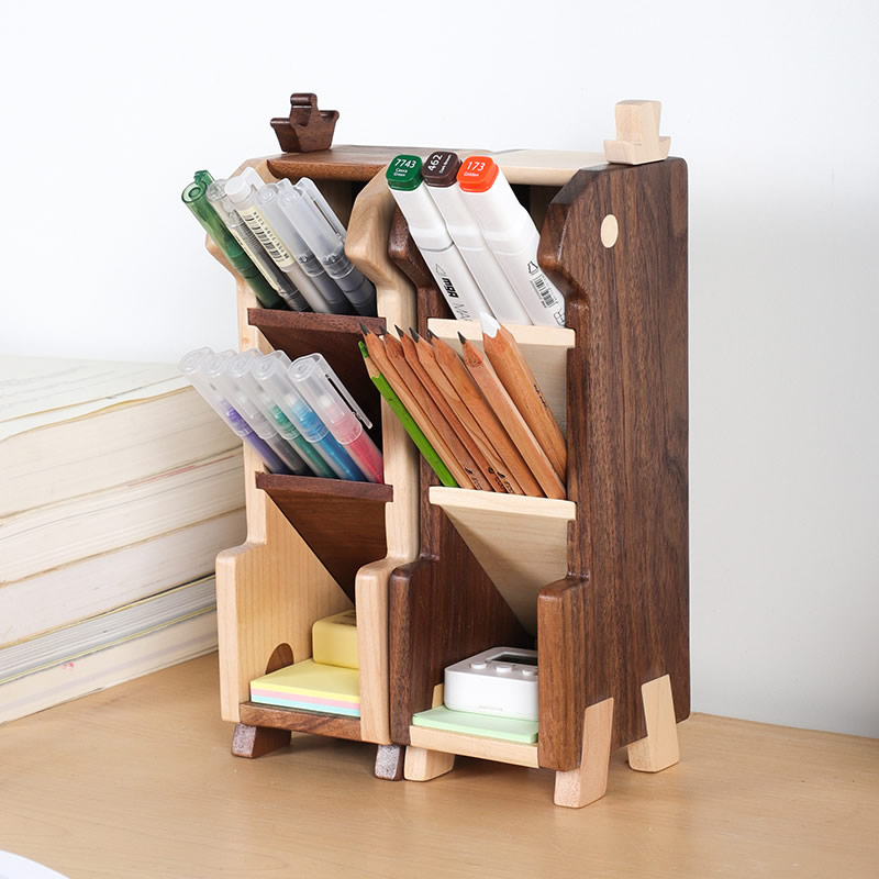 Wooden Pen Holder, Creative Desk Multi-Grid Organize Storage