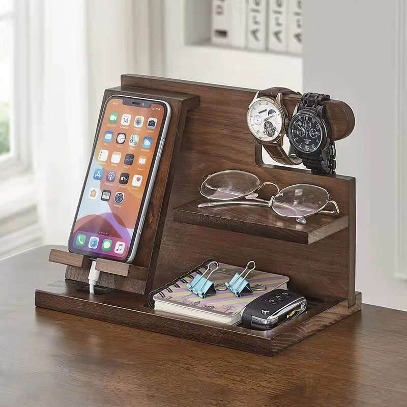 Wooden Storage Holder Phone Watch Glasses Organized